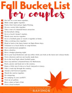 an orange and white fall bucket list for couples with text overlay that reads, fall bucket list for couples