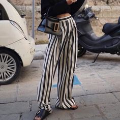 Liisa Casual Big Stripe Wide Leg Pants Striped Pants Outfit Winter, Striped Pants Outfit Summer, Black Striped Pants Outfit, Blue And White Striped Pants Outfit, Black And White Striped Pants Outfit, Pin Stripe Pants Outfit, Blue Striped Pants Outfit, White Striped Pants Outfit, Style Striped Pants