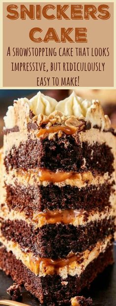 a chocolate cake with white frosting and caramel drizzle on top