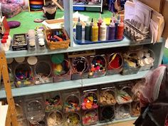 the shelves are filled with craft supplies and crafts for children to use in their homes