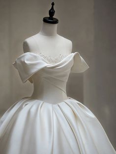 White Satin Off the Shoulder Wedding With Train Grand Ball Gown, Wedding Ball Gown Princess, Ball Gown Princess, Court Train Wedding Dress, Wedding Ball Gown, White Ball Gowns, Gown Princess, Gown Skirt, Wedding Dresses With Flowers