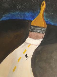 a painting of a person walking down a road