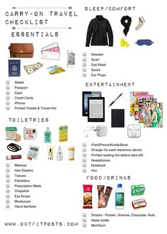 the contents of a carry on travel checklist are shown in this graphic above it's description