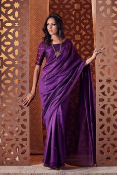 Purple Chanderi Saree | Chanderi Saree with Blouse Set | Festive Wear Crochet Lace Border, Embellished Saree, Cut Blouse, Chanderi Saree, Purple Saree, Brass Rings, Blouse For Women, Saree Look, Lace Border