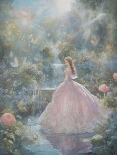 a painting of a woman in a pink dress standing next to a waterfall and flowers