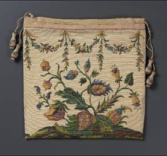 Drawstring bag French ca. 1720-1750 Antique Handbags, Antique Purse, Georgian Dress, Museum Of Fine Arts Boston, Antique Embroidery, Silk Tassels, Vintage Evening Bags, Antique Samplers