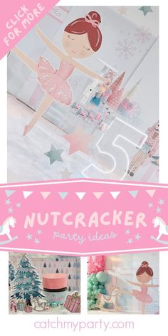 the nutcracker party banner is pink and white with stars, trees, and ballerinas