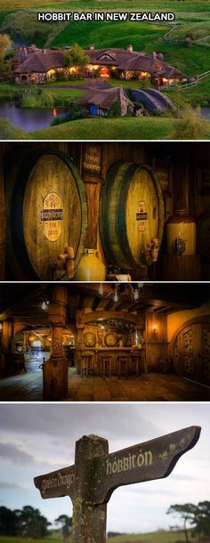 three different pictures with the words hobbit bar in new zealand and an image of barrels