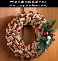 a christmas wreath made out of wine corks