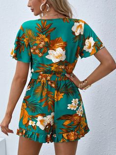 This boho Floral Print Butterfly Sleeve Romper is ideal for any event, whether you're going to a festival or just spending the day with friends or at a beach party. This dress with a chirpy floral design is a necessity for any fashion-forward woman because of the exquisite design and attention to detail, as well as the lightweight fabric that keeps you cool and comfortable. Features: Style: Boho Pattern Type: Floral Details: Belted, Wrap, Ruffle Hem Length: Short Type: Shirt Fit Type: Regular Fit Neckline: V neck Sleeve Length: Short Sleeve Sleeve Type: Butterfly Sleeve Waist Line: High Waist Fabric: Non-Stretch Material: Woven Fabric Composition: 95% Polyester, 5% Elastane Care Instructions: Machine wash or professional dry clean Body: Unlined Belt: Yes Size Chart (cm): Size Belt Length B Beach Season Boho Print Dresses, Patterned Boho Print Dress For Beach Season, Patterned Boho Print Dress For The Beach, Spring Boho Print Beach Party Dress, Boho Print Summer Dress For Garden Party, Spring Boho Print Dress For Beach Party, Beachy Floral Print Short Sleeve Dress, Boho Print Dress For Spring Beach Party, Spring Beach Party Dress With Boho Print