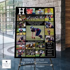 a poster with photos of football players and their names on it in front of a brick wall