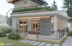 a small house with stairs leading up to the second floor and an upper level balcony