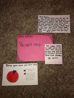 three pieces of paper with notes attached to them on the floor next to two envelopes that say open when you can't sleep