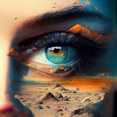 a woman's eye with an artistic painting on her face and mountains in the background