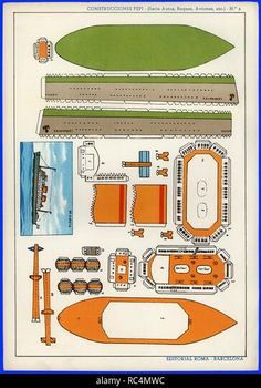 a paper model of an orange and white boat with some other things on it's side