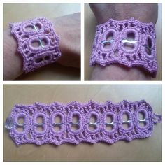 two pictures show how to crochet bracelets with holes in the middle and bottom