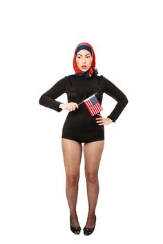 a woman in a black bodysuit with an american flag on her chest and legs