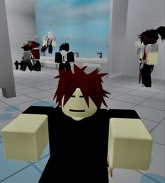 an animated character with red hair and black clothes standing in a room filled with other characters