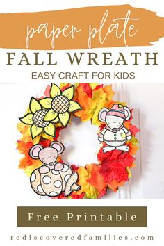 a paper plate fall wreath for kids with the words, free printable and instructions