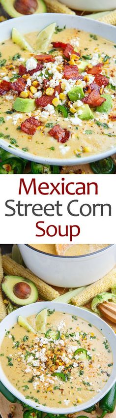 mexican street corn soup with avocado and tomatoes