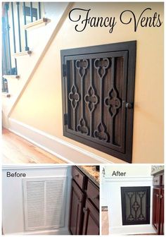 an iron grille on the side of a wall next to a wooden floor and stairs