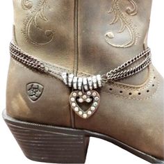 Brand New, Western Boot Jewelry. Silver Tone With Clear Rhinestones, Country Fashion Costume Jewelry. Heart. Southwestern, Love, Valentines Heart, Anniversary, West. Boot Is To Show You What It Looks Like On (Boots Not Included). Rhinestone Cowgirl Aesthetic, Shoe Bracelet, Cowgirl Bracelets, Styling 101, Rhinestone Costume, Cowboy Hat Bands, Rhinestone Costumes, Hat Bands, Boot Bracelet