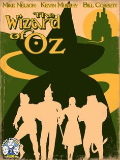 the wizard of oz poster is shown in green and yellow colors, with an image of three