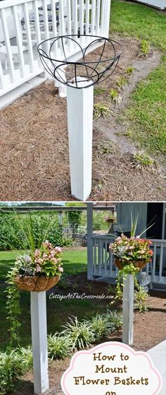 two pictures with flowers in them and the words how to mount flower baskets on posts