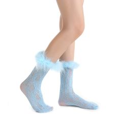 Be bold and stand out with these Destiny Feather Trim Lace Crew Socks! These raiment-ready beauties have the perfect amount of y2k vibes, and can pull up to mid calf or slouch, so you can 'flex' your style in any way you please. Semi-sheer nylon socks patterned in all-over crochet style lace. Hand-sewed feather trim just screams glam. Complete with a stretchy spandex cuff. So whether you're feeling more 'short and sweet' or edgy and elongated, these pastel blue aesthetic socks will take you stra Casual Blue Hosiery For Winter, Casual Blue Winter Hosiery, Trendy Blue Knee-high Socks For Winter, Casual Blue Stretch Stockings, Blue Stretch Hosiery For Spring, Trendy Blue Socks For Winter, Trendy Blue Winter Socks, Trendy Blue Stretch Stockings, Trendy Stretch Blue Stockings