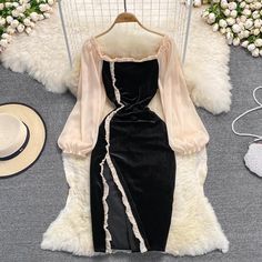 Materials: other Size: m, l Color: Black Velvet Dress Square Neck Long, Fitted Velvet Dress With Square Neck, Luxury Mini-length Velvet Dress For Women, Fitted Gothic Velvet Dress, Black Velvet Gothic Dress, Fancy Short Dresses, Womens Tops Dressy, Black Prom Dress, Modest Dresses Casual