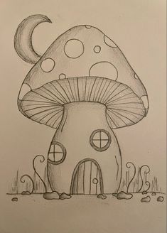 a pencil drawing of a mushroom house