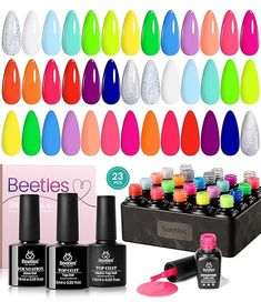 WHAT YOU GET: 20 x Mini Gel Polish Rainbow Colors (5ml/0.17 fl.oz each bottle) + 3 x No Wipe Base and Glossy & Matte Top Coat (7.5ml each bottle). Beetles' 20-color Neon Collection for 2024 brings the beautiful shades of popular and trendy colors suitable for all seasons and daily routine life! Color Numbers are: a584-a585-a586-a587-a588-a589-a590-a591-a592-a593-a594-a595-a596-a597-a598-a599-a600-a601-a602-a603.
Soak off LED Gel Nail Polish: Neon gel nail polish kit in neon yellow, pink, orange, pastel baby blue, and sparkle gel polish need to be cured under an LED nail lamp. Base and Top coat are required. Average time for LED light is 60-120 secs, nail dryer 2-4 mins.
Beetles Gel Nail Polish Kit Healthy & Easy Application: Nine Toxin-Free Ingredients make it safe and have low odor. With Lemon Green Colour, Beetles Gel Polish, Routine Life, Rainbow Nail Art, Color Numbers, Nail Polish Kit, Life Color, Nail Polish Kits, Gel Top Coat