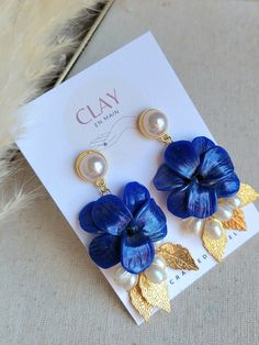 The Mediterranean Collection navy floral and pearl dangles 18k Gold Accents Hypoallergenic Lead, Cadium and Nickel Free Amalfi Style, Navy Earrings, Pearl Earrings Gold, Earrings Pearl, Floral Earrings, The Mediterranean, Navy Floral, Amalfi, Earrings Gold