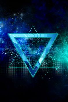 an abstract background with blue and green shapes in the shape of a triangle, surrounded by stars