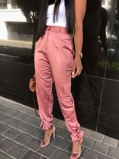 Casual Tied Ankle Satin Sweatpants Tie Pants Outfit, Coral Pants Outfit, Fashion Wide Leg Pants, Long Pants Fashion, Coral Pants, Jewelry Kids, Tie Pants