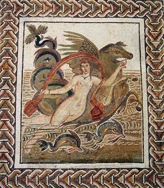 an ancient mosaic with a woman riding a horse and two birds on it's back