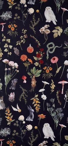 an image of flowers and birds on a black background that looks like it is made out of fabric