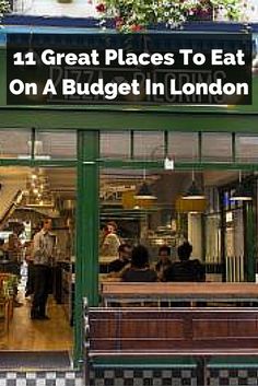 people are walking in and out of the entrance to a building with green lettering that reads on a budget in london