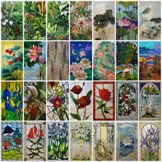 many different stained glass flowers and plants are shown in this collage with the same colors