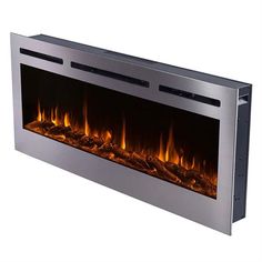 an electric fireplace with fire and flames on the sides, is shown in silver metal