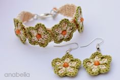 two pieces of crochet are shown with earwires and earrings in the shape of flowers