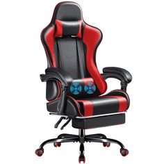 a black and red gaming chair with two blue eyes on the backrest, sitting in front of a white background