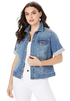 A vintage-inspired warm-weather update to the classic jean jacket. It's made from easy, stretch denim and features a shaped fit with unique detailing. Button-front. Patch pocket with flap and button closure. 24" lengthCotton/spandexMachine washImported | Plus Size Women's Short-Sleeve Stretch Denim Jacket by Roaman's in Medium Wash (Size 30 W) Trendy Plus Size Outfits, Clothing For Plus Size Women, Plus Size Baddie, Plus Size Baddie Outfits, Denim Jacket Short, Acrylic Nail Ideas, Church Dress, Short Sleeve Jacket, Fall Fashions