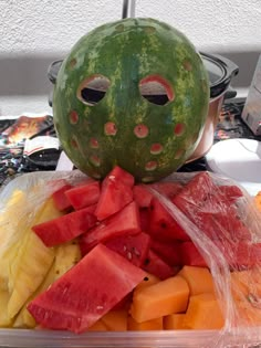 a watermelon is placed on top of some cut up fruits in a plastic container