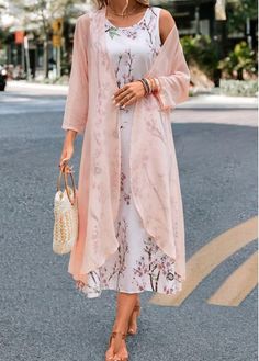 Color:Pink;Size:S;Size:M;Size:L;Size:XL;Size:XXL;Package Contents:1 X Dress , 1 X Cardigan;Occasion:Other;Style:Casual; Long Tunic Dress, Latest Dress For Women, Trendy Tops For Women, Tank Top Outfits, Shift Dresses, Pink Maxi, Vestidos Vintage, Floral Print Maxi Dress, Floral Print Maxi