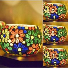 colorful glass bowl sitting on top of a table