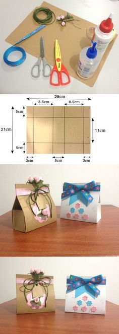 three pictures showing how to make gift boxes with scissors and glue on them, along with instructions for wrapping