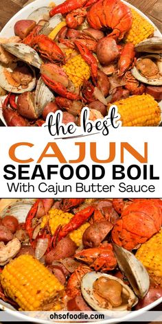 Text reads The Best Cajun Seafood Boil With Cajun Butter Sauce Easy Cajun Food Recipes, Best Low Country Boil Recipe, Cajun Boil Recipe, How To Make A Seafood Boil At Home, Best Seafood Boil Recipes, Cajun Seafood Boil Recipe, Boil Recipes Cajun