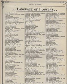 the language of flowers is shown in an old book with many different words on it