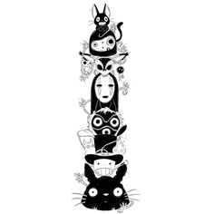 a black and white drawing of five different faces on top of each other, with cats in the middle